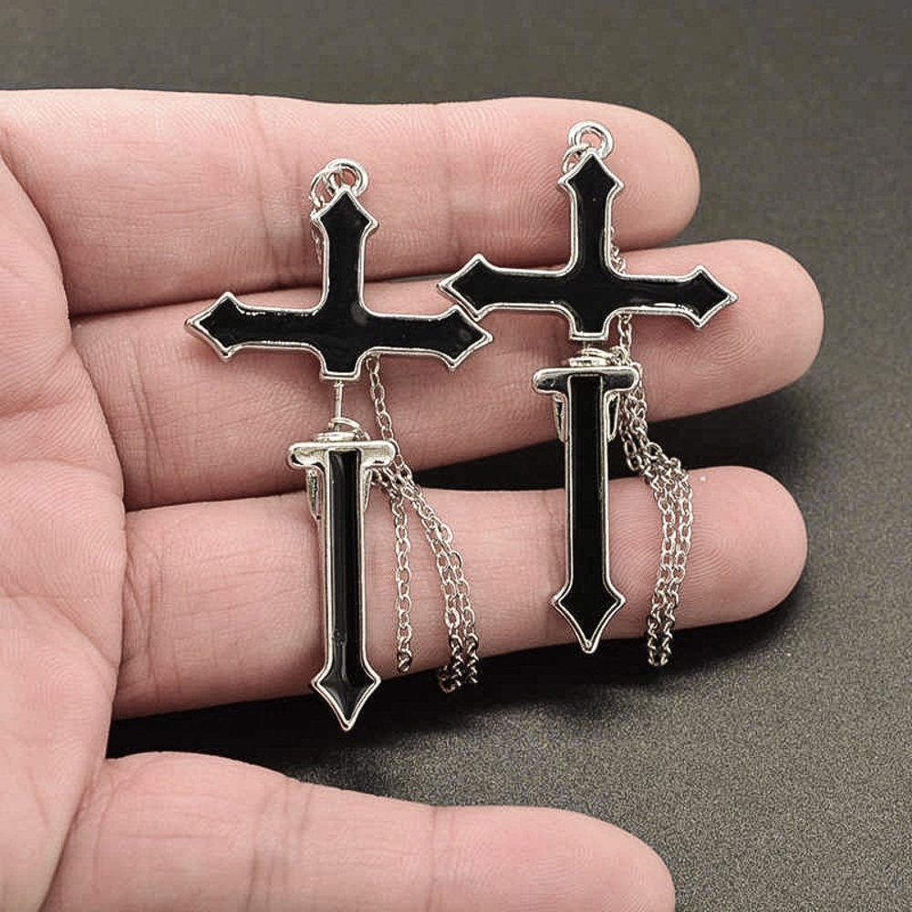 Silver/Black Crucifix Stud w/Matching Jacket Backs & Chain Earrings - Picture 2 of 6
